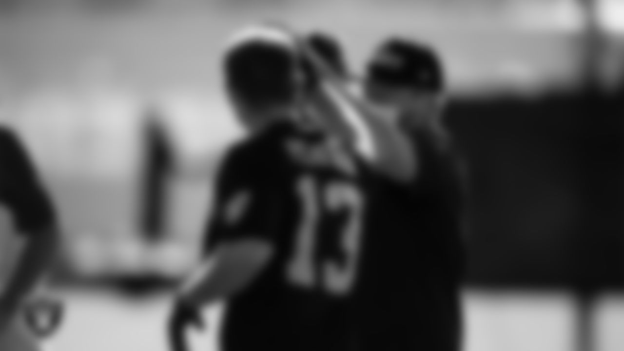 Las Vegas Raiders wide receiver Hunter Renfrow (13) and Head Coach Jon Gruden on the field for a walk through at 2020 Training Camp.