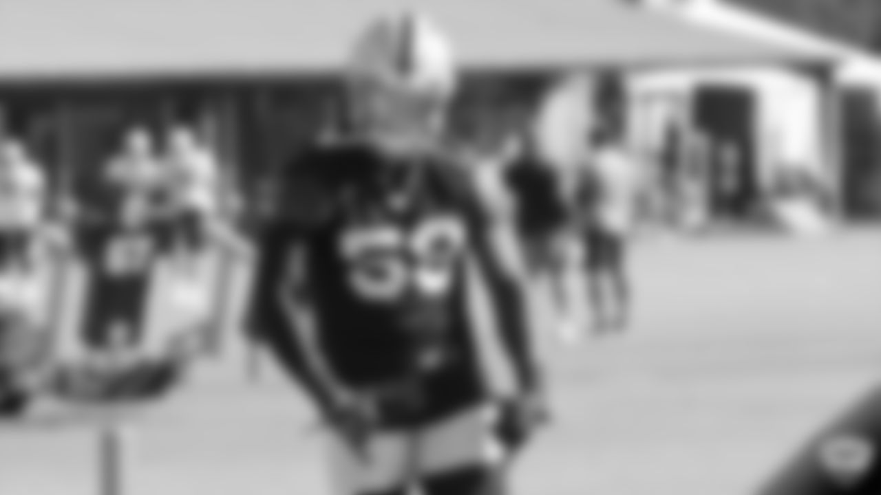 Raiders linebacker Tahir Whitehead (59) on the field for practice at 2019 Training Camp.