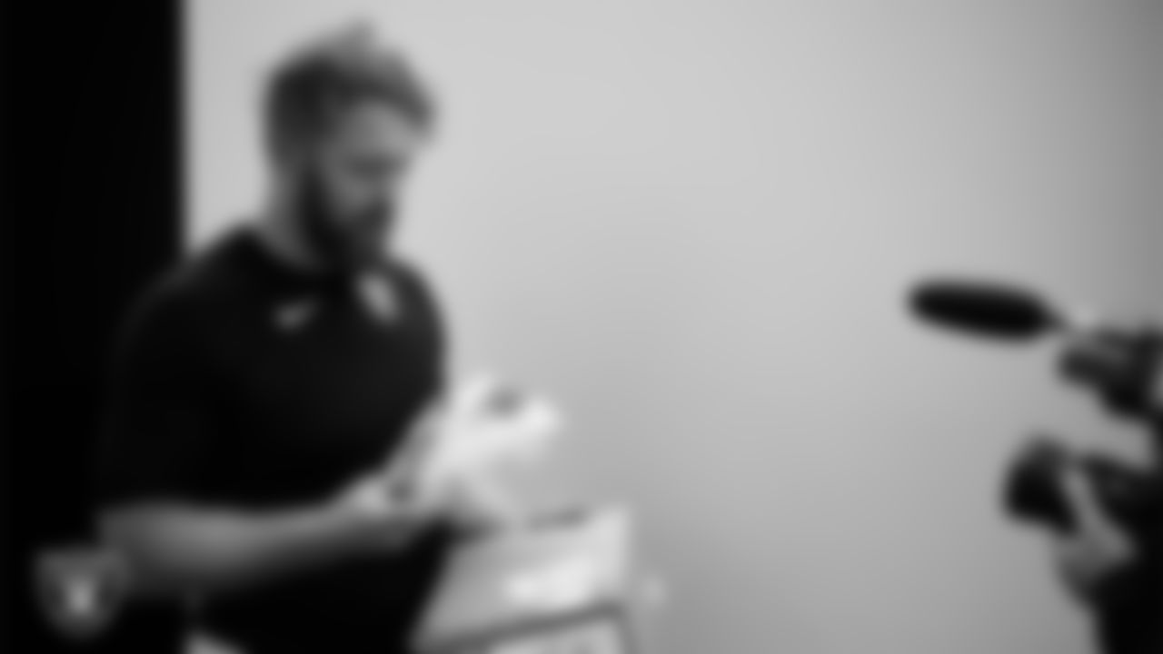 Las Vegas Raiders long snapper Trent Sieg (47) unboxes his custom cleats for the NFL's My Cause My Cleats campaign at Intermountain Healthcare Performance Center.