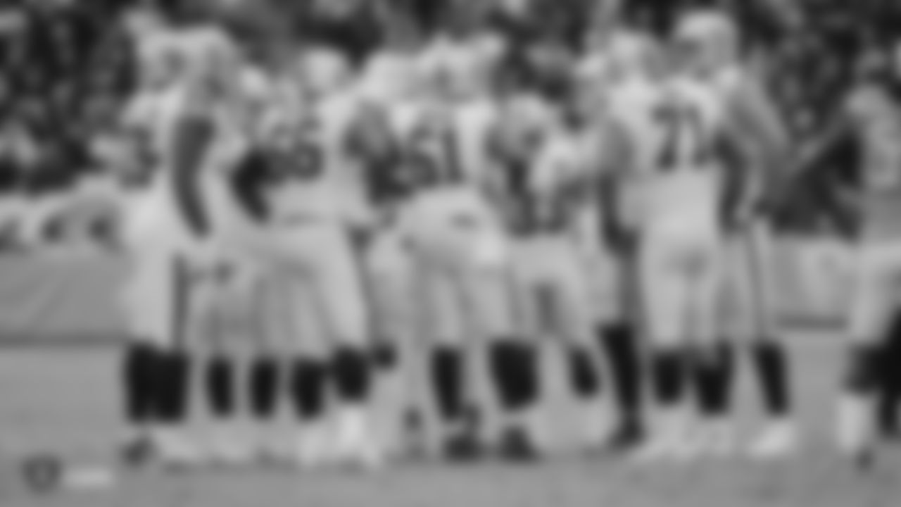 The Raiders huddle during the regular season game against the Los Angeles Chargers at ROKiT Field at Dignity Health Sports Park.