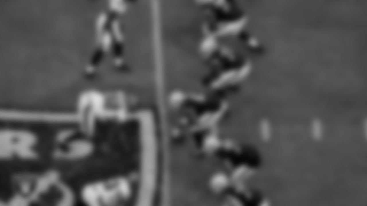 Las Vegas Raiders tackle Brandon Parker (75) guard John Simpson (76), center Rodney Hudson (61), tackle Denzelle Good (71) and tackle Kolton Miller (74) during the regular season game against the Tampa Bay Buccaneers at Allegiant Stadium.