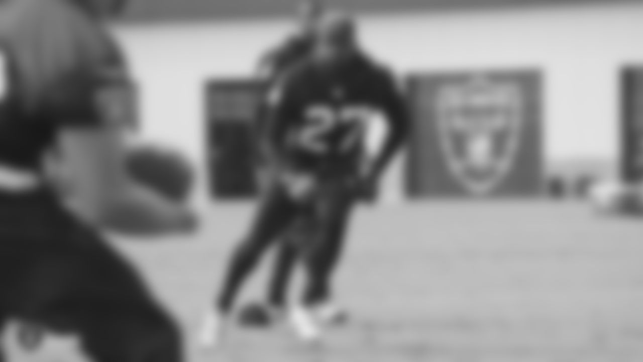 Oakland Raiders safety Reggie Nelson (27) on the field for practice at the Oakland Raiders Practice Facility, Wednesday, October 3, 2018, in Alameda, California.