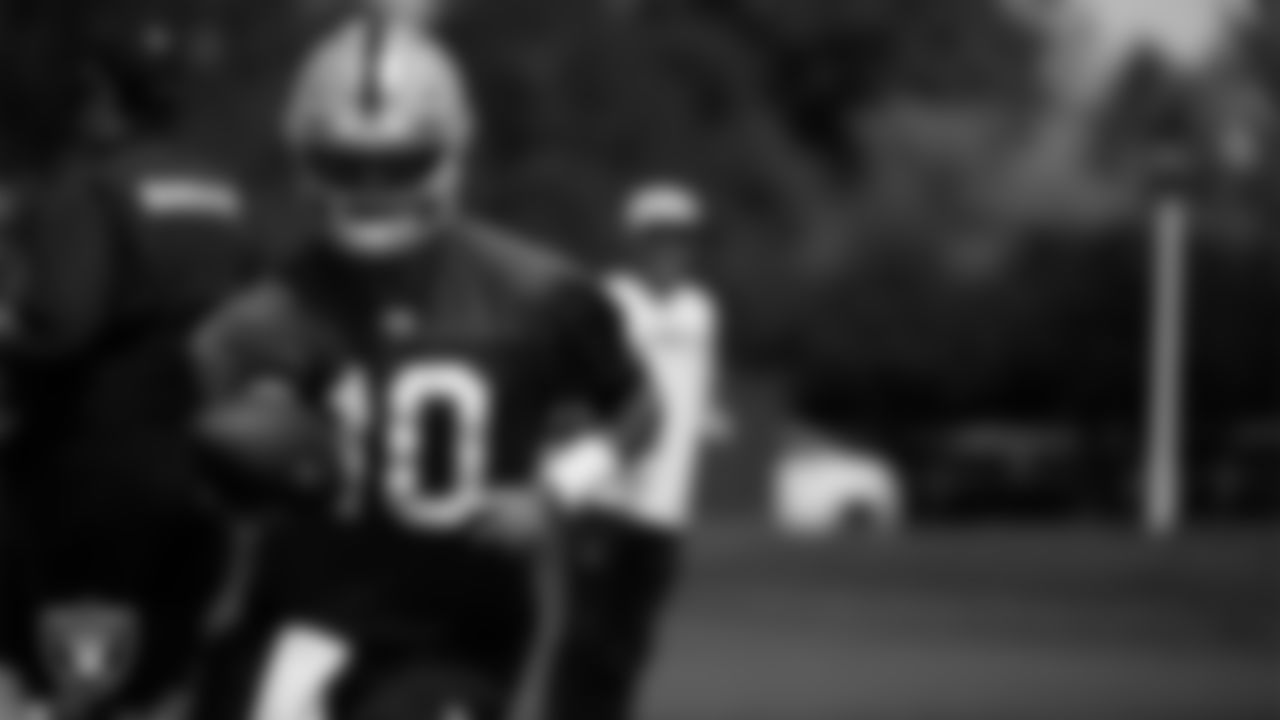 Las Vegas Raiders quarterback Jimmy Garoppolo (10) during practice at The Greenbrier Sports Performance Center.