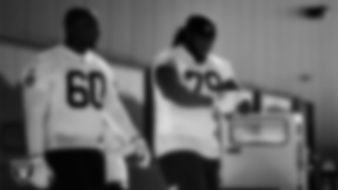 Las Vegas Raiders offensive lineman Tyrone Wheatley Jr. (60) and tackle Bamidele Olaseni (79) at a workout during phase two of the offseason program.