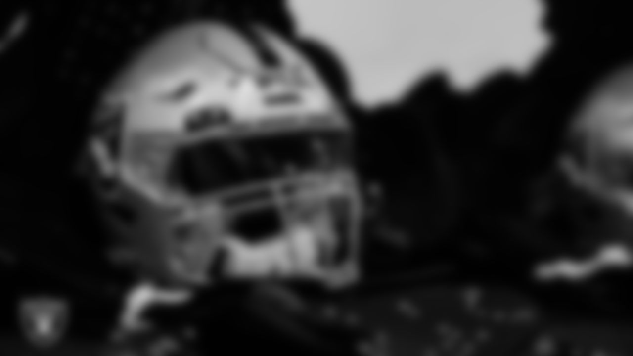 Las Vegas Raiders defensive end Tyree Wilson's helmet in the equipment room at Intermountain Health Performance Center before the start of the 2023 season Rookie Minicamp.