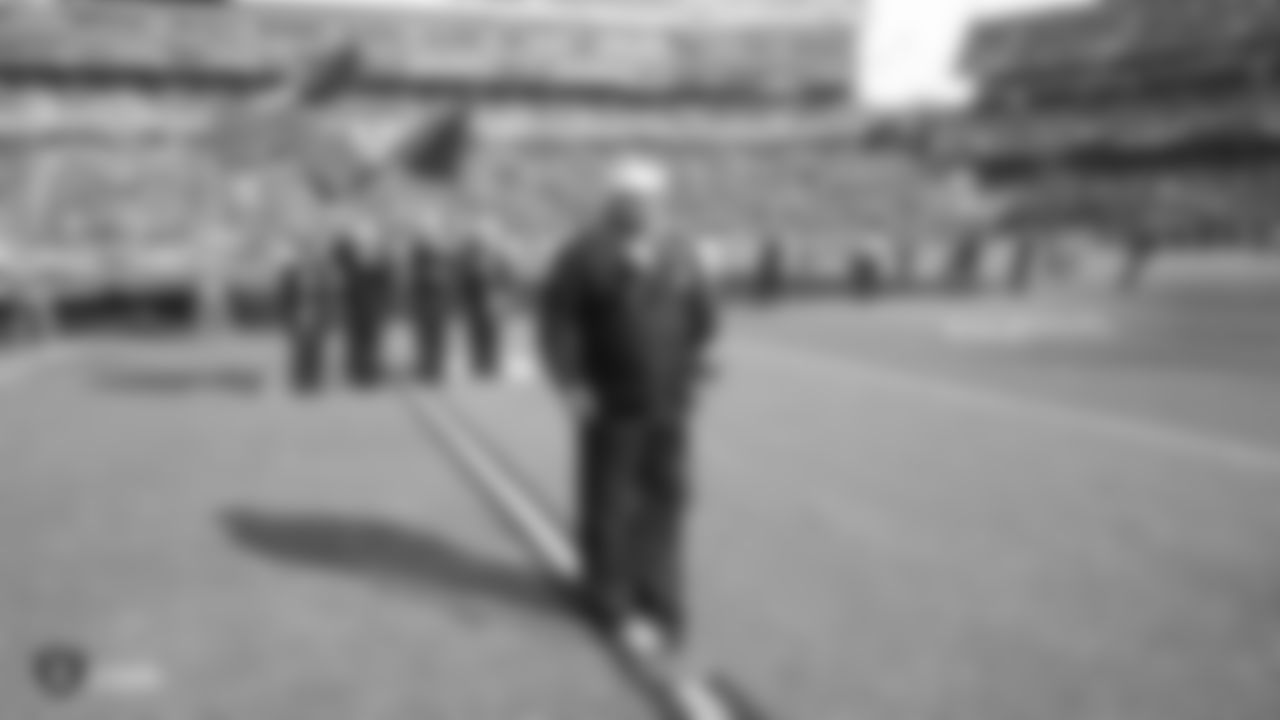 Retired Navy officer and singer Generald Wilson performs the national anthem before the Oakland Raiders regular season game against the Los Angeles Chargers at Oakland-Alameda County Coliseum, Sunday, November 11, 2018, in Oakland, California. The Oakland Raiders lost 20-6.