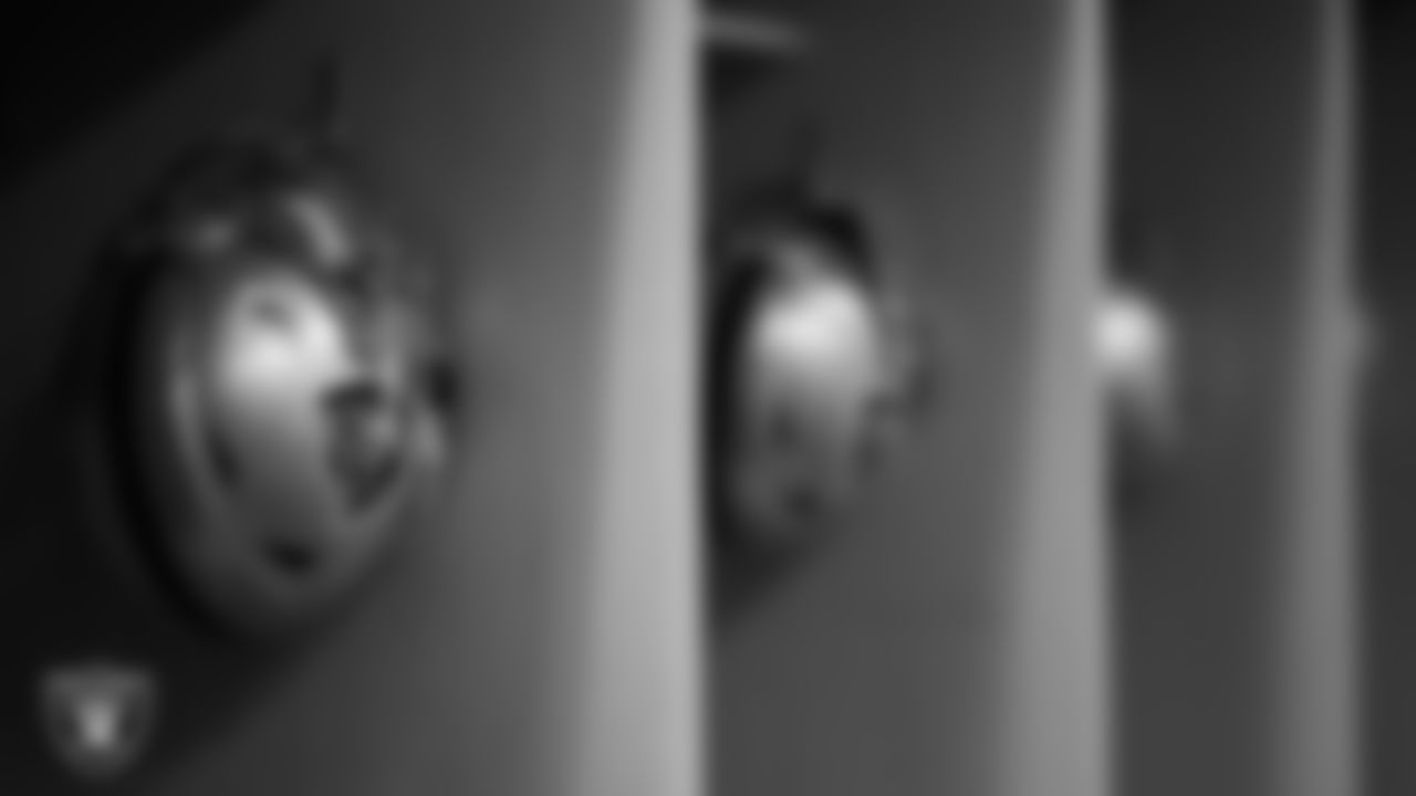 A Las Vegas Raiders helmet in the locker room prior to the Raiders' arrival for their regular season away game against the Denver Broncos at Empower Field at Mile High.