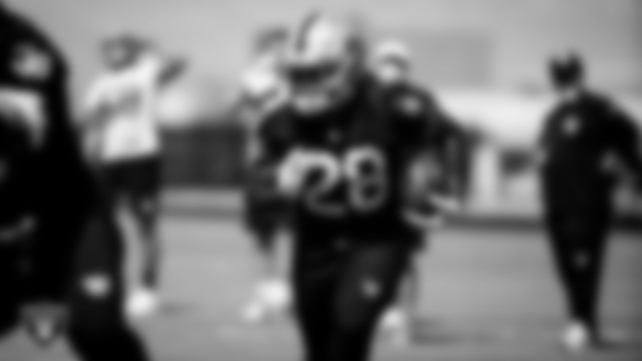 Las Vegas Raiders running back Josh Jacobs (28) during practice.