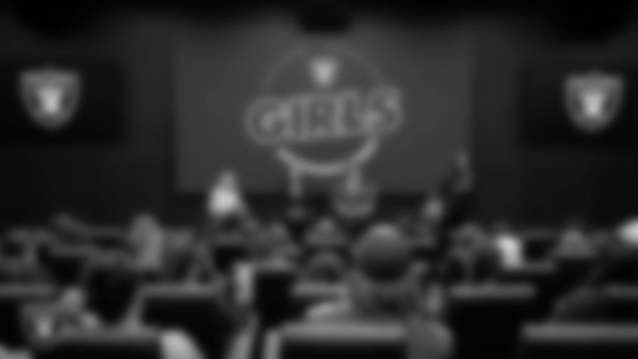 Las Vegas Raiders President Sandra Douglass Morgan speaks to student-athletes during the Raiders Girls Empowerment Summit at the Las Vegas Raiders Headquarters.