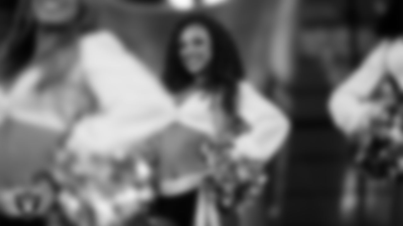 Raiderette Lexie on the stage for halftime during the regular season home game against the Green Bay Packers at Allegiant Stadium.