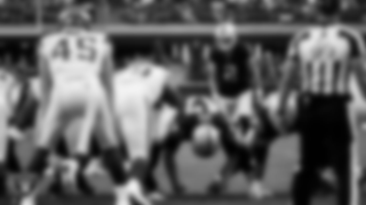 Las Vegas Raiders kicker Daniel Carlson (2) kicks a PAT during the preseason home game against the Minnesota Vikings at Allegiant Stadium.