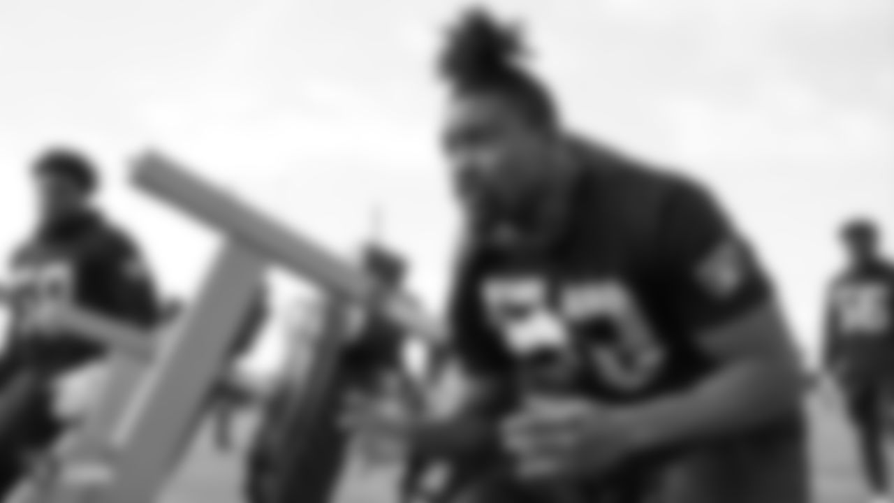Raiders linebacker Jason Cabinda at a workout during phase two of the offseason program at the Raiders Practice Facility in Alameda, Calif.