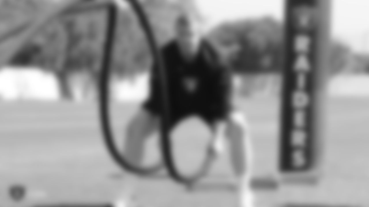 Raiders offensive lineman Jordan Devey at a workout during phase one of the offseason program at the Raiders Practice Facility in Alameda, Calif.