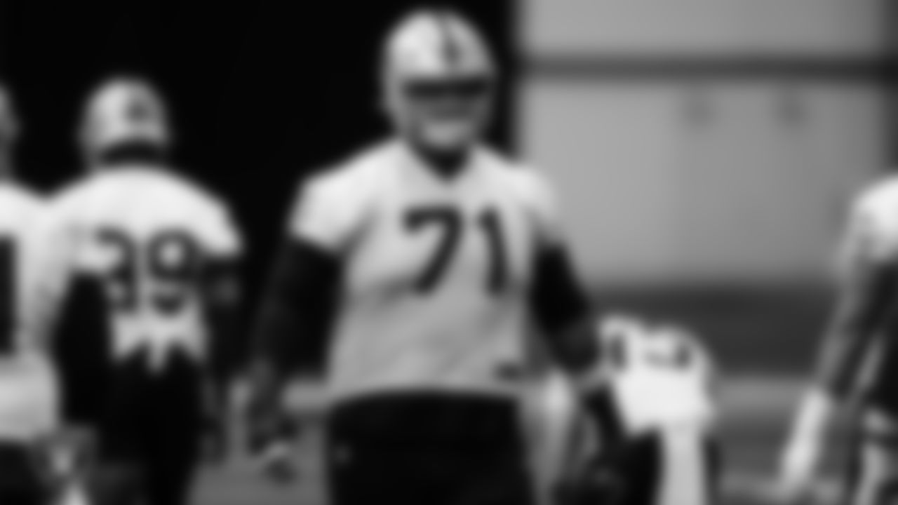 Las Vegas Raiders tackle Denzelle Good (71) during practice.