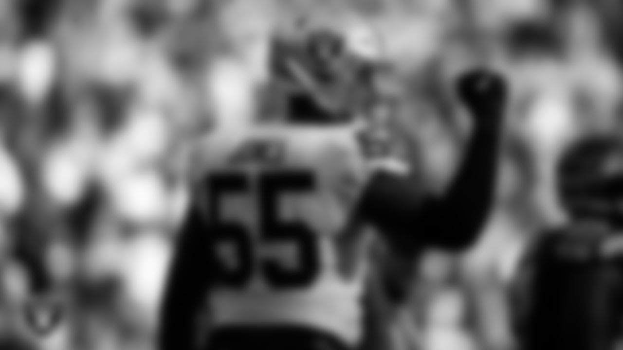 Las Vegas Raiders defensive end Chandler Jones (55) celebrates during the regular season away game against the Seattle Seahawks at Lumen Field.