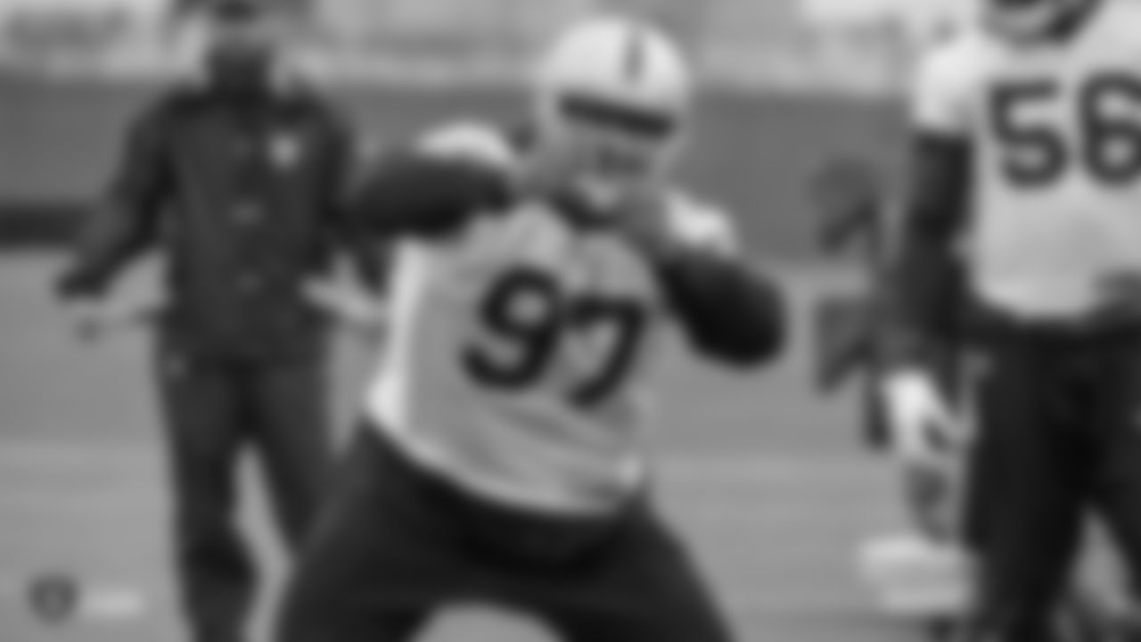 Oakland Raiders defensive tackle Clinton McDonald (97) on the field for practice at the Oakland Raiders Practice Facility, Wednesday, December 5, 2018, in Alameda, California.
