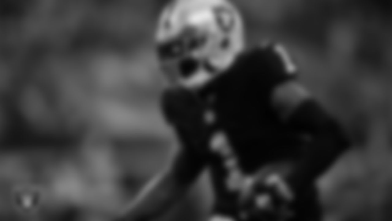 Las Vegas Raiders wide receiver DeSean Jackson (1) heads to the end zone on a 56-yard touchdown catch during the regular season away game against the Dallas Cowboys.