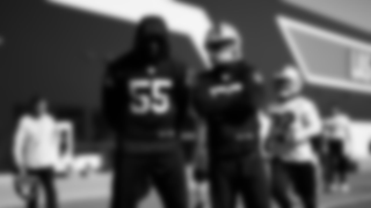 Las Vegas Raiders defensive end Chandler Jones (55) and linebacker Jayon Brown (50) during practice at Intermountain Healthcare Performance Center.