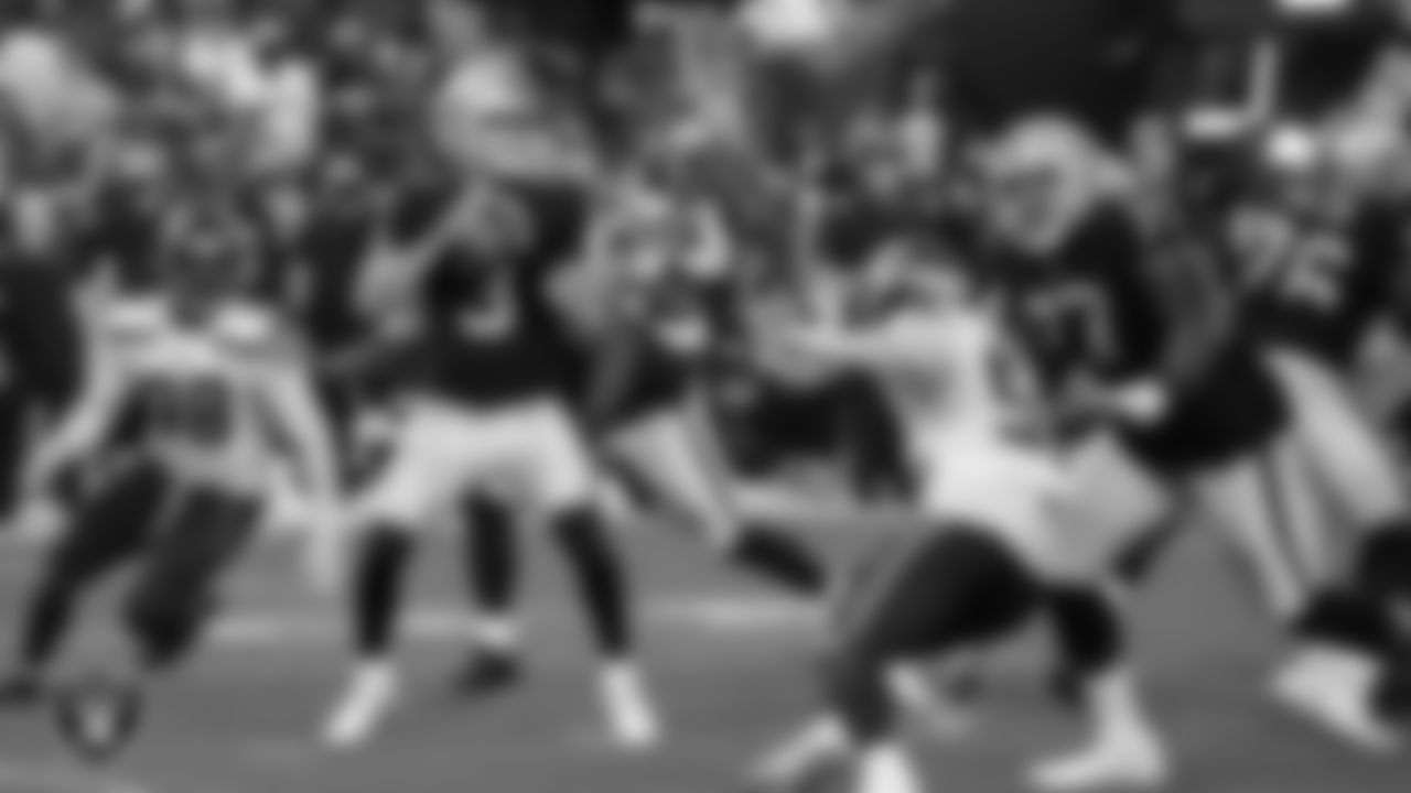 Las Vegas Raiders quarterback Nathan Peterman (3) looks for a receiver during the preseason home game against the Seattle Seahawks at Allegiant Stadium.