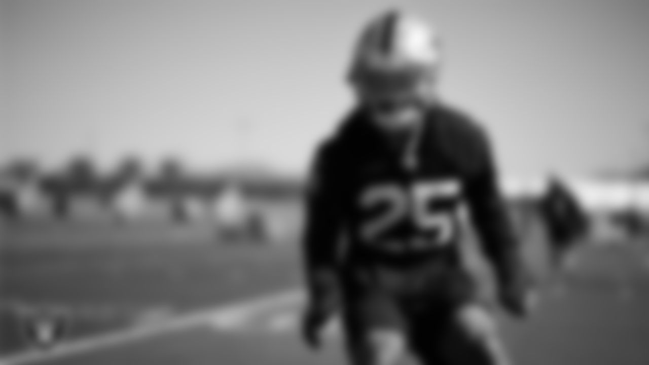 Las Vegas Raiders safety Tre'von Moehrig (25) during practice at Intermountain Health Performance Center.