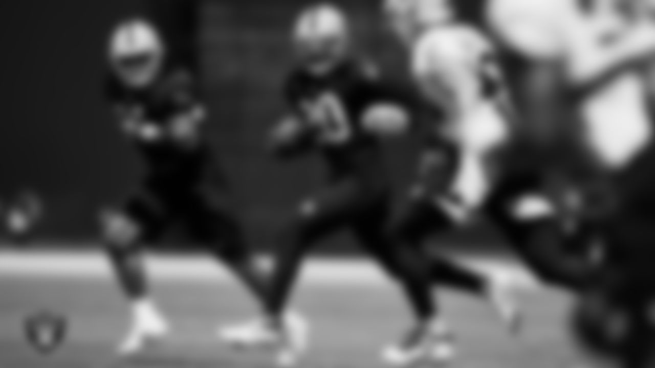 Las Vegas Raiders cornerback Damon Arnette (20) on the field for practice at 2021 Training Camp.