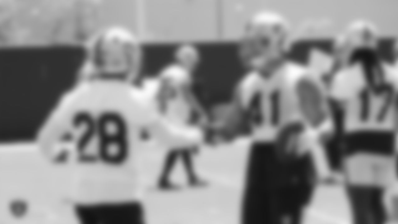 Raiders running back Josh Jacobs (28) and fullback Keith Smith (41) at a Mandatory Minicamp at the Raiders Practice Facility in Alameda, Calif.