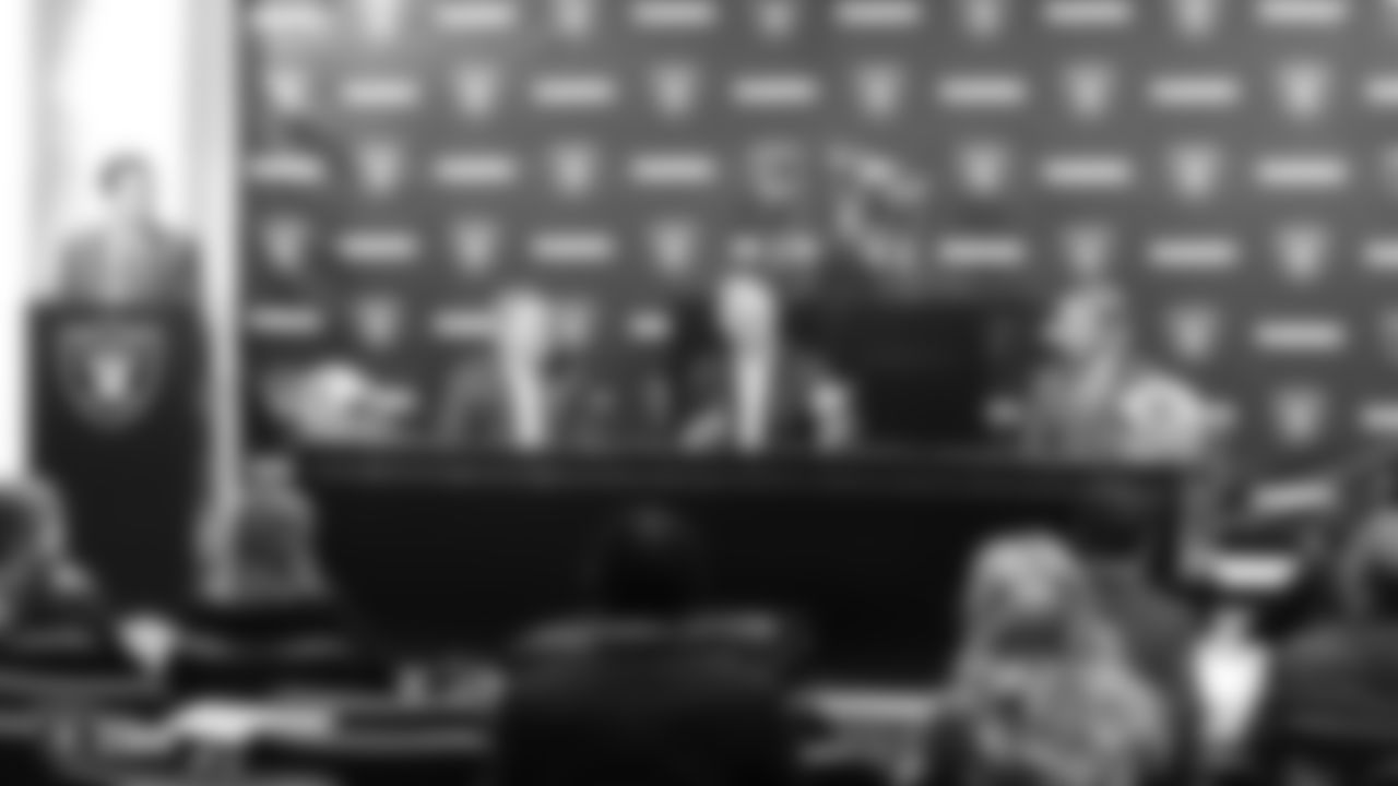 Oakland Raiders owner Mark Davis and head coach Jon Gruden introduce Mike Mayock as the general manager of the Oakland Raiders at a press conference, Monday, December 31, 2018, in Alameda, California.