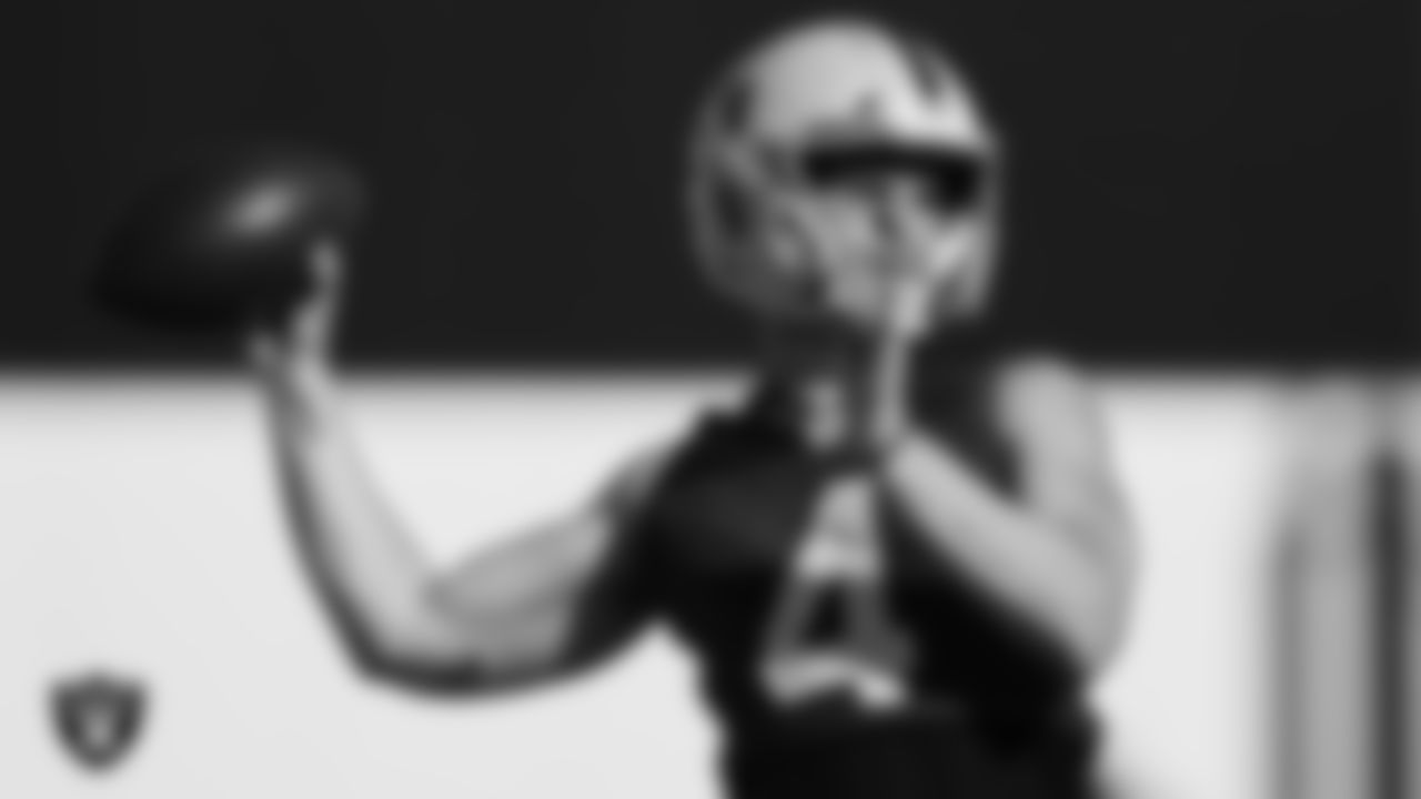 Las Vegas Raiders quarterback Derek Carr (4) during practice at Intermountain Healthcare Performance Center.