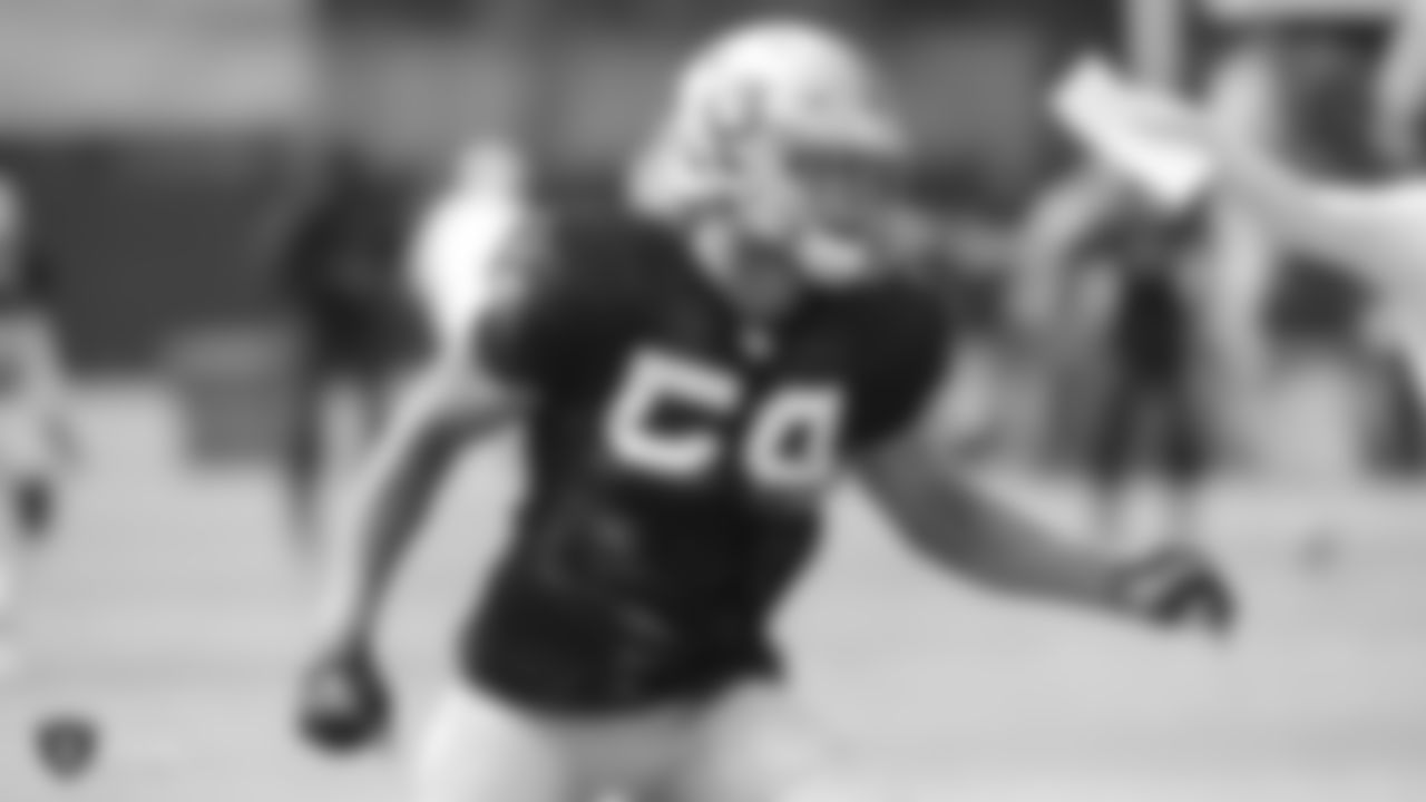 Oakland Raiders linebacker Kyle Wilber (58) on the field for practice at 2018 Training Camp at The Oakland Raiders Napa Valley Training Complex, Friday, August 3, 2018, in Napa, California.