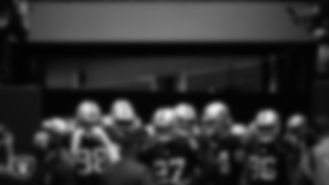 The Las Vegas Raiders wait to be introduced onto the field before the regular season home game against the Baltimore Ravens.