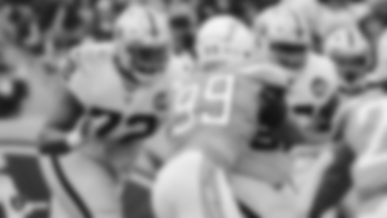 Raiders tackle David Sharpe (72) and guard Gabe Jackson (66) during the regular season game against the Los Angeles Chargers at ROKiT Field at Dignity Health Sports Park.