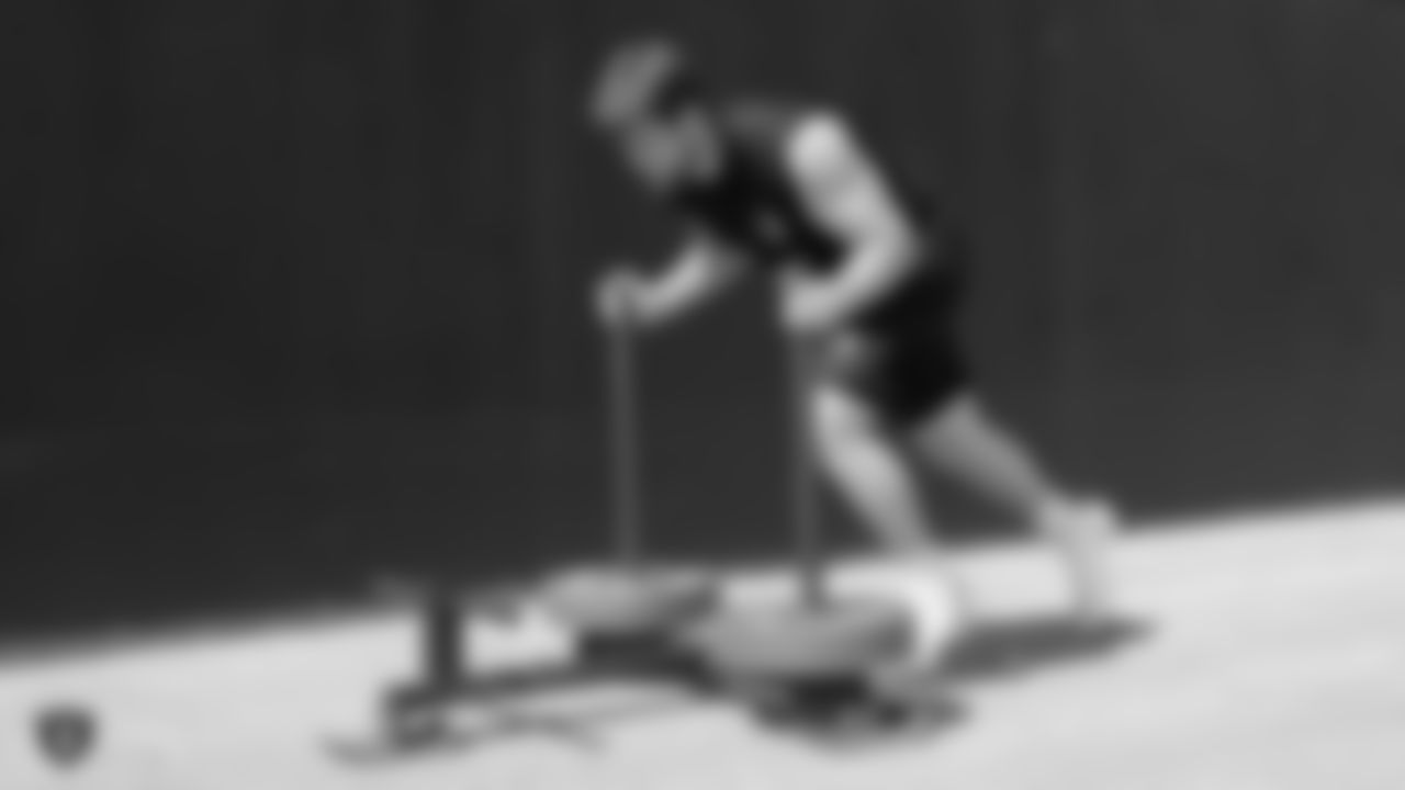 Raiders tackle Kolton Miller at a workout during phase one of the offseason program at the Raiders Practice Facility in Alameda, Calif.