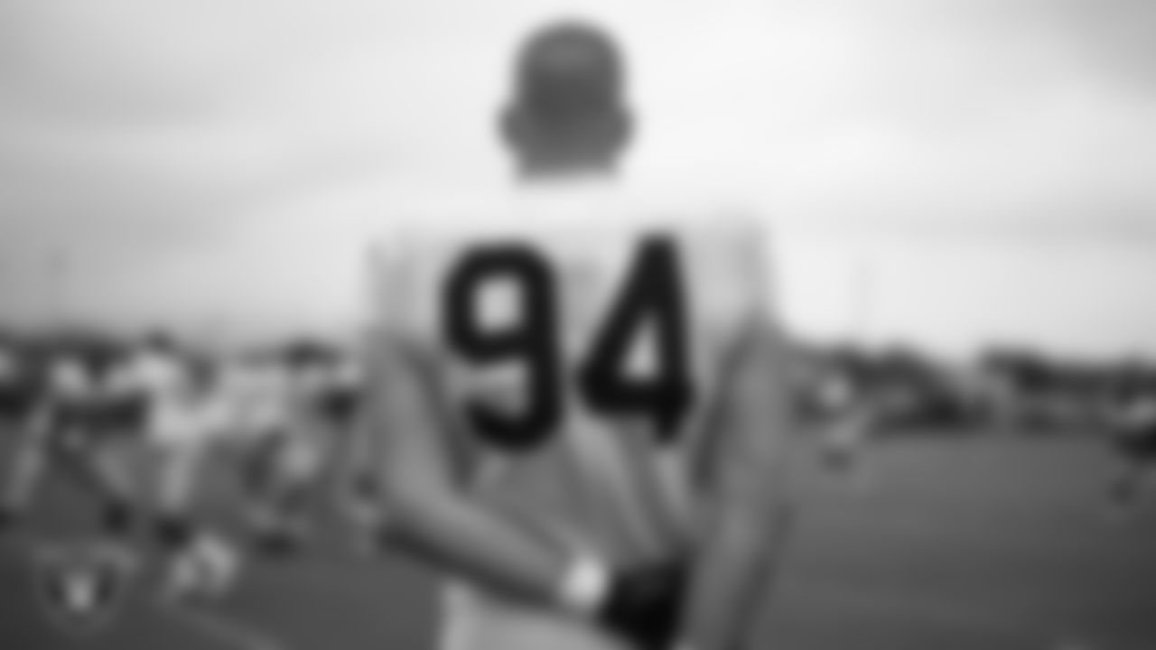 Las Vegas Raiders defensive end Carl Nassib (94) on the field for a joint practice with the Los Angeles Rams at 2021 Training Camp.