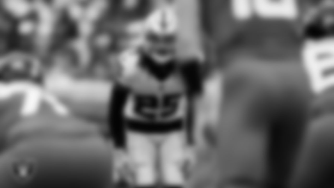 Las Vegas Raiders safety Tre'von Moehrig (25) eyes the quarterback during the regular season away game against the Jacksonville Jaguars at TIAA Bank Field.