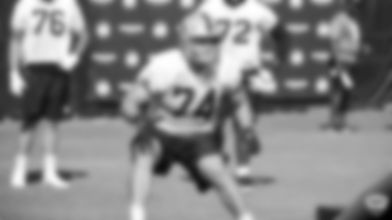 Oakland Raiders tackle Kolton Miller (74) on the field for practice at 2019 Training Camp.