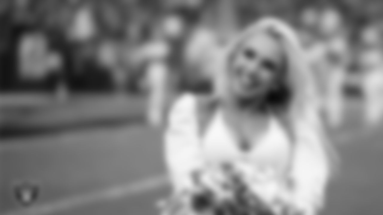 Raiderette Claudia performs on the sidelines during the regular season home game against the Houston Texans at Allegiant Stadium.