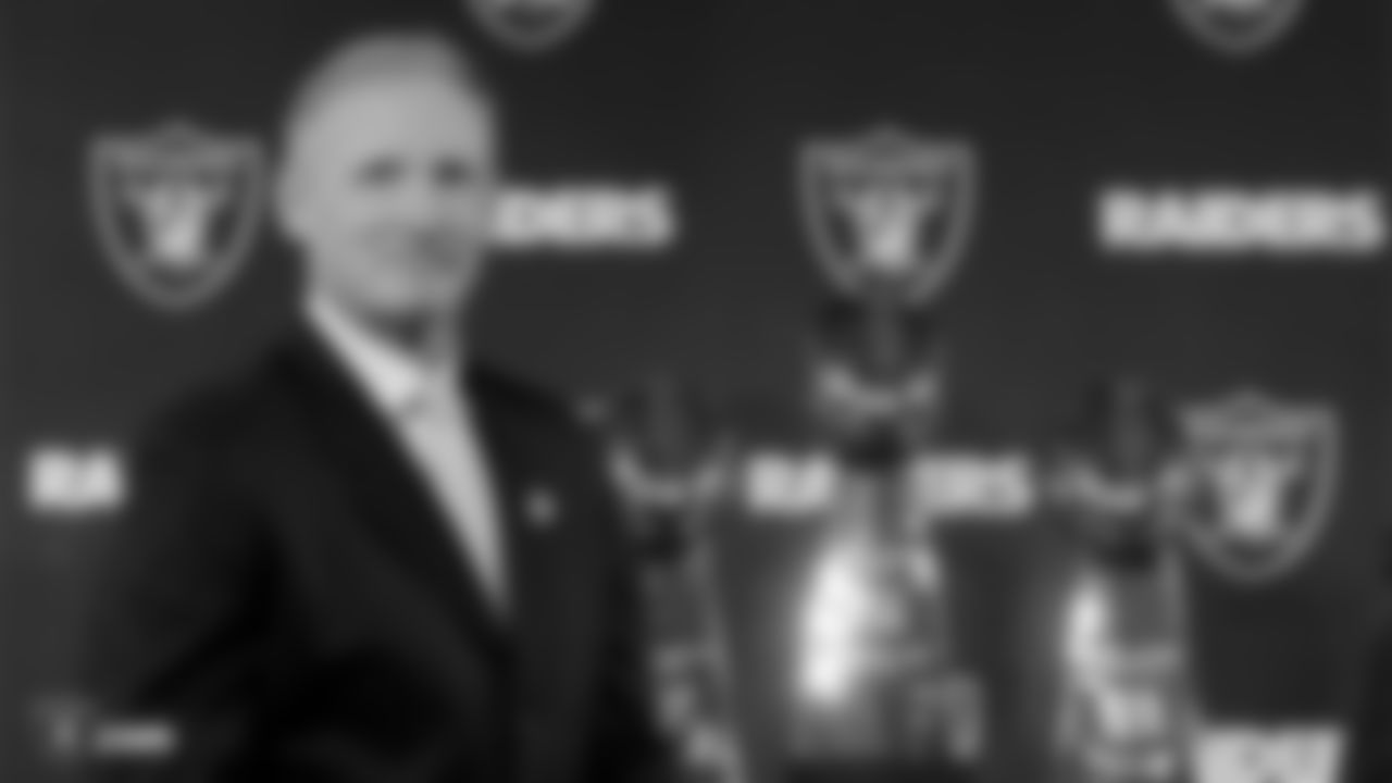 Oakland Raiders owner Mark Davis and head coach Jon Gruden introduce Mike Mayock as the general manager of the Oakland Raiders at a press conference, Monday, December 31, 2018, in Alameda, California.