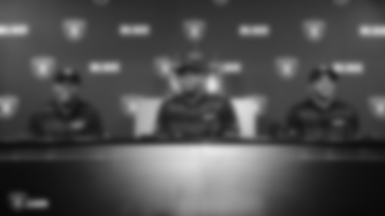 Raiders 1st round draft picks defensive end Clelin Ferrell, running back Josh Jacobs, and safety Johnathan Abram at a press conference following their selection in the 2019 NFL Draft at the Raiders Practice Facility in Alameda, Calif.