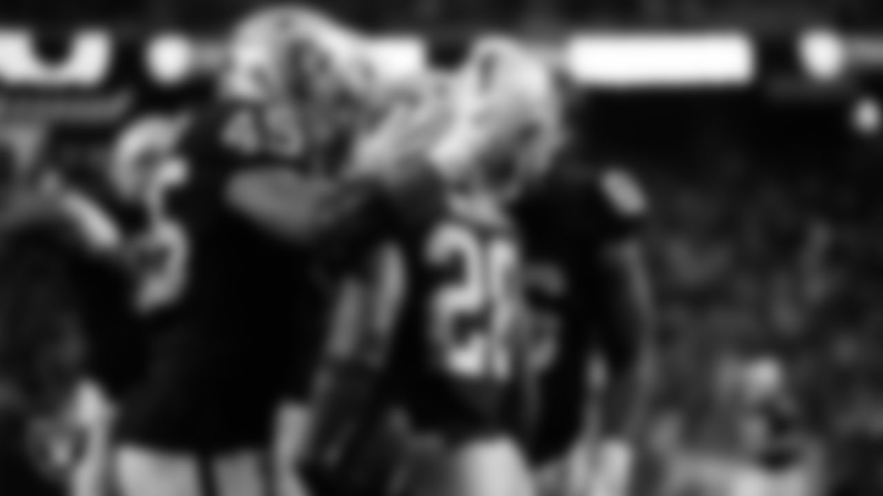 Las Vegas Raiders running back Josh Jacobs (28) is congratulated by fullback Jakob Johnson (45) after rushing for a 1-yard touchdown during the regular season home game against the Indianapolis Colts at Allegiant Stadium.