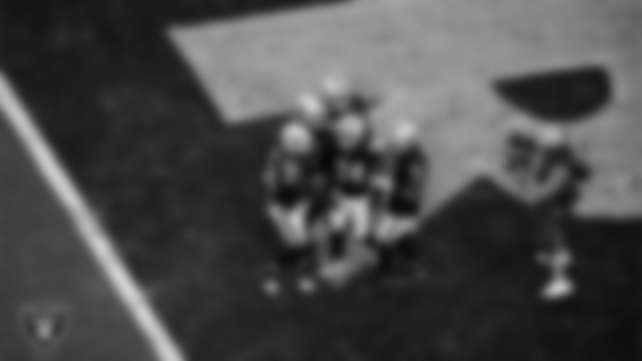 Las Vegas Raiders safety Johnathan Abram (24) is congratulated by teammates after recovering a fumble during the regular season home game against the Philadelphia Eagles.