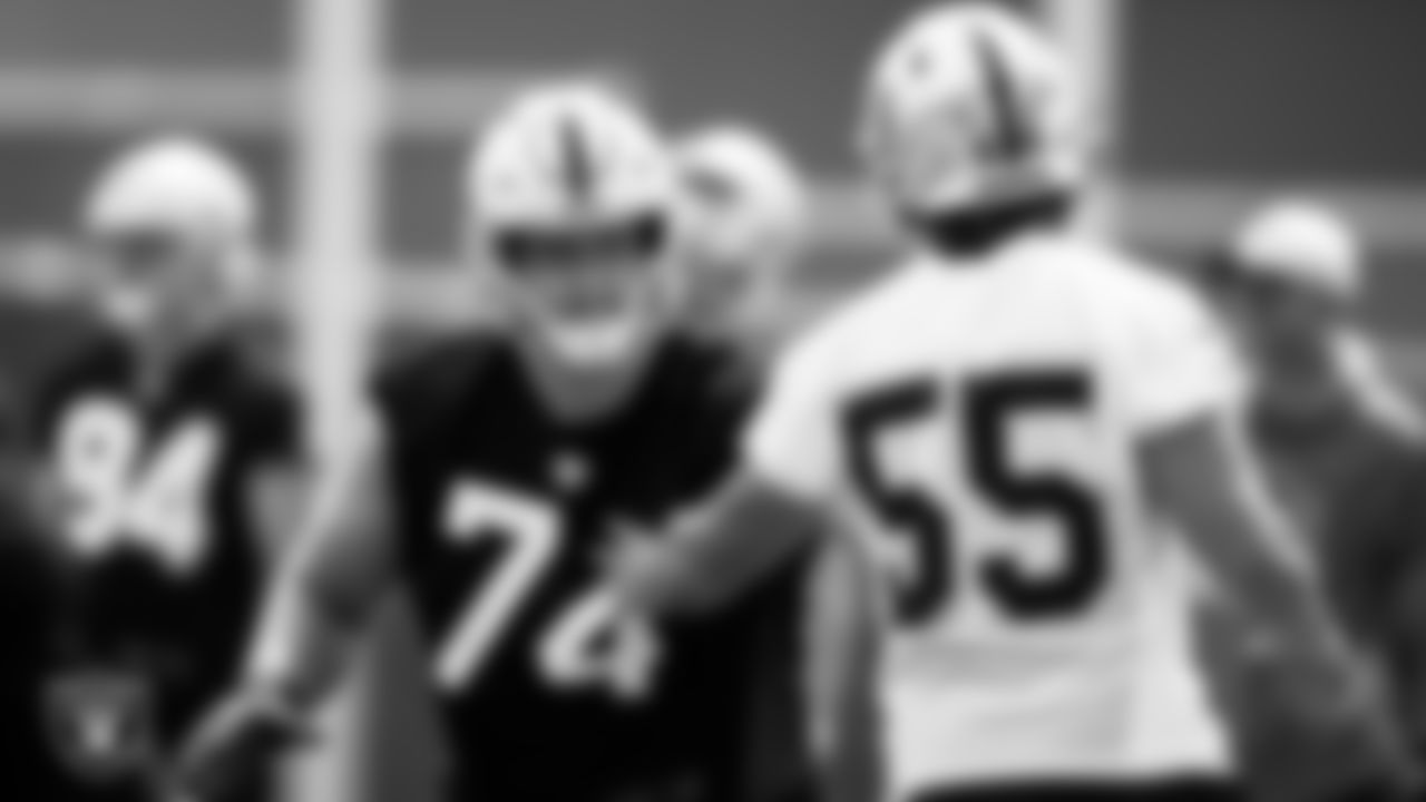 Las Vegas Raiders tackle Kolton Miller (74) during practice at Intermountain Healthcare Performance Center.