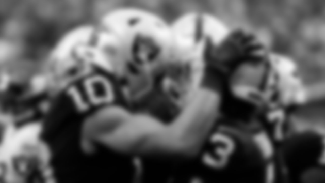 Las Vegas Raiders quarterback Jarrett Stidham (3) celebrates after rushing for a 4-yard touchdown with wide receiver Mack Hollins (10) during the preseason home game against the Minnesota Vikings at Allegiant Stadium.