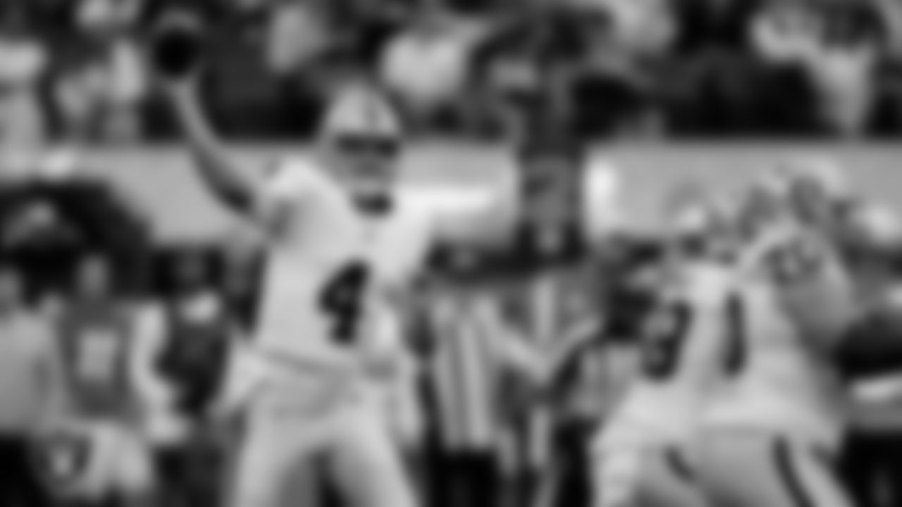 Las Vegas Raiders quarterback Aidan O'Connell (4) during the regular season away game against the Los Angeles Chargers at SoFi Stadium.