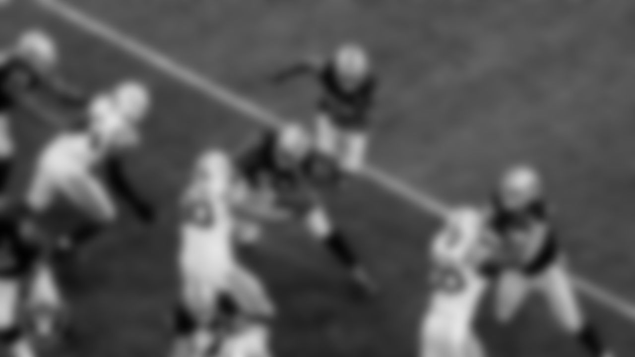 Las Vegas Raiders center Rodney Hudson (61), running back Josh Jacobs (28) and tackle Kolton Miller (74) during the regular season game against the Indianapolis Colts at Allegiant Stadium.