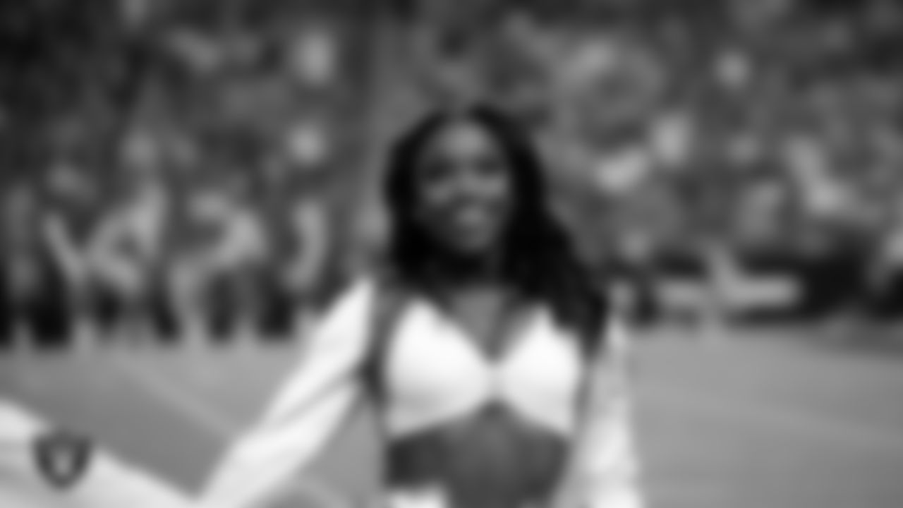 Raiderette Brittany on the sidelines during the regular season home game against the Green Bay Packers at Allegiant Stadium.