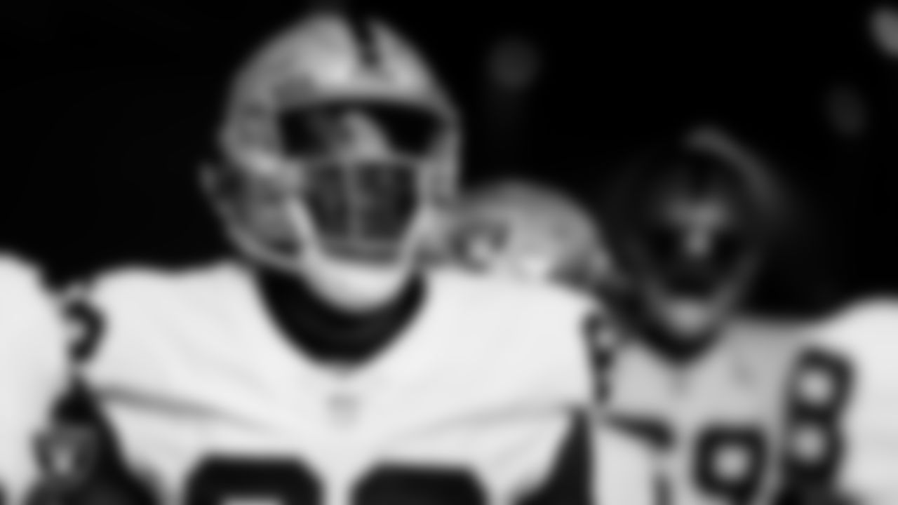Las Vegas Raiders defensive lineman David Agoha (62) waits for the team to be introduced onto the field before the preseason away game against the Los Angeles Rams at Sofi Stadium.