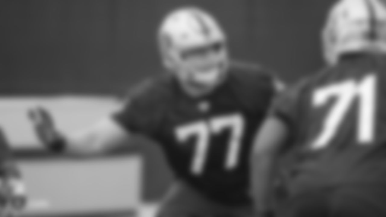 Oakland Raiders tackle Kolton Miller (77) on the field for practice at the Oakland Raiders Practice Facility, Friday, December 21, 2018, in Alameda, California.