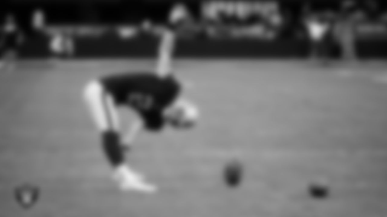 Las Vegas Raiders kicker Daniel Carlson (2) warming up before the regular season home game against the Cincinnati Bengals.