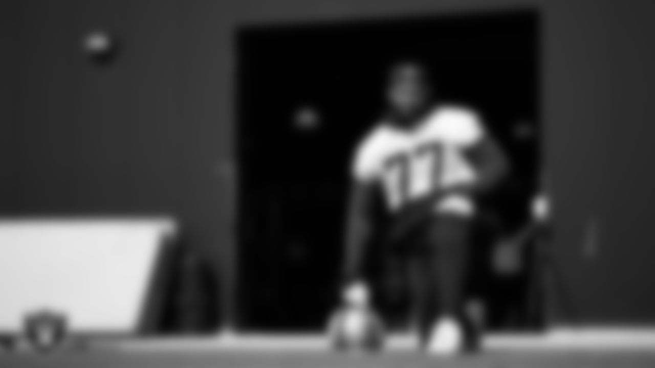 Las Vegas Raiders tackle Thayer Munford Jr. (77) during practice at Intermountain Health Performance Center.