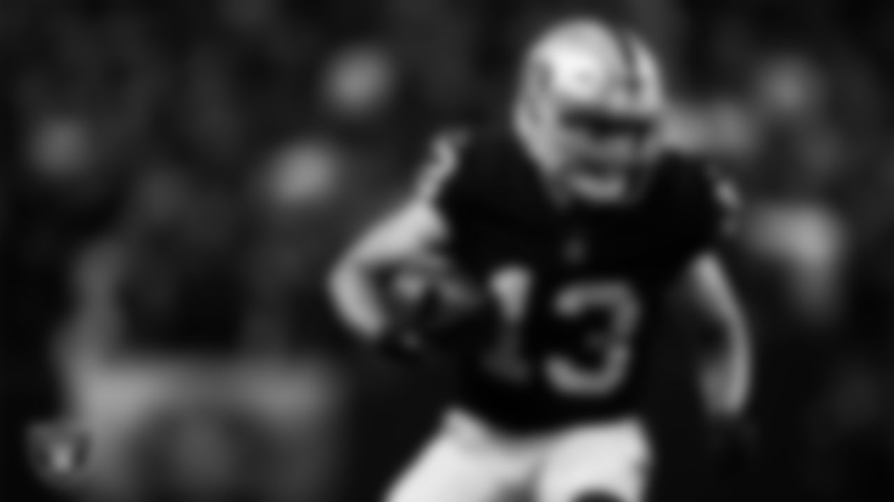 Las Vegas Raiders wide receiver Hunter Renfrow (13) runs after making a catch during the regular season home game against the Kansas City Chiefs.